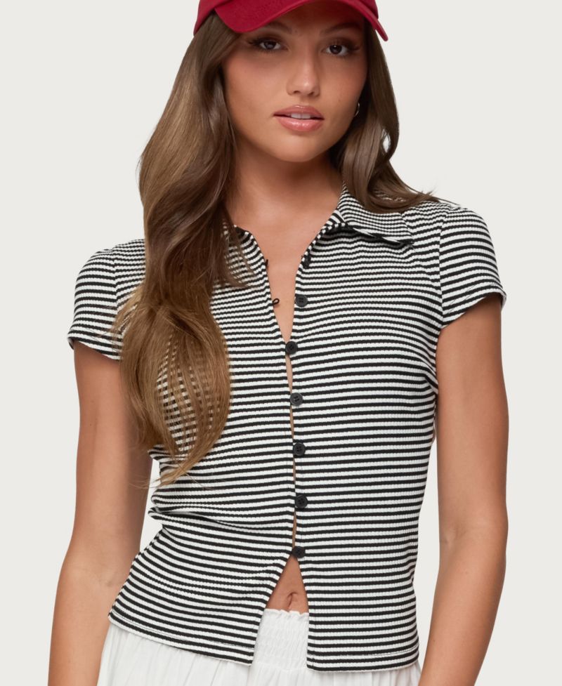 Women's Beau Striped Ribbed Button Up Top