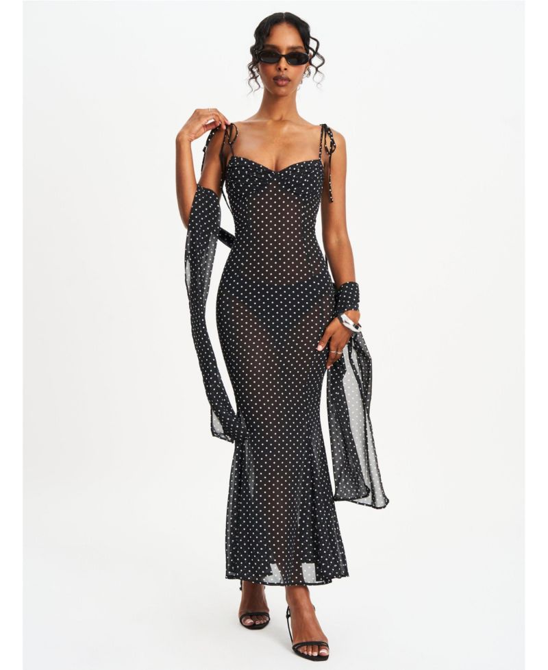 Women's Yadira Black Base Polka Dot Chiffon Maxi Dress