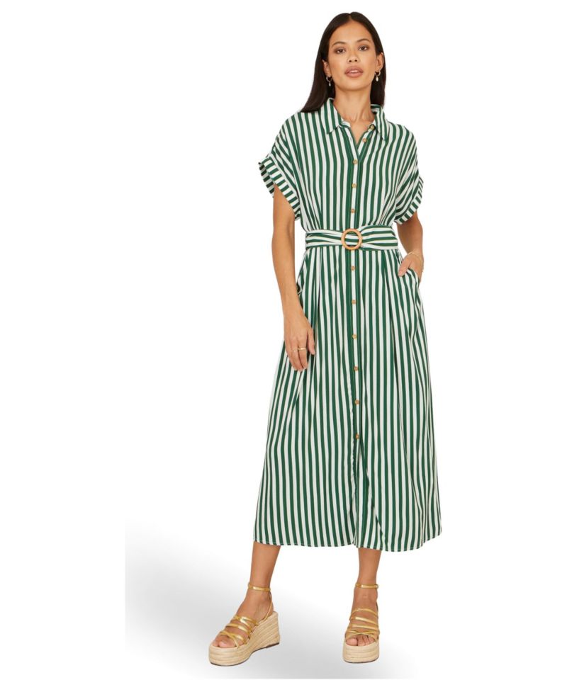 Women's Stripe Print Belted Midi Shirt Dress