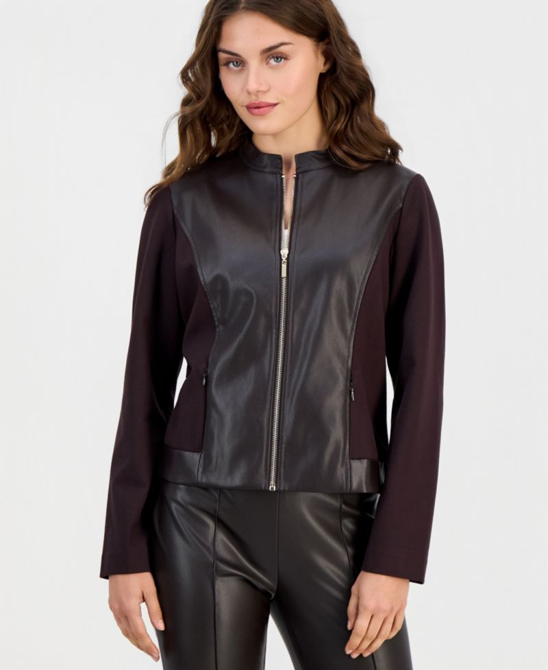 Petite Mod Moto Zipper-Front Mandarin Collar Jacket