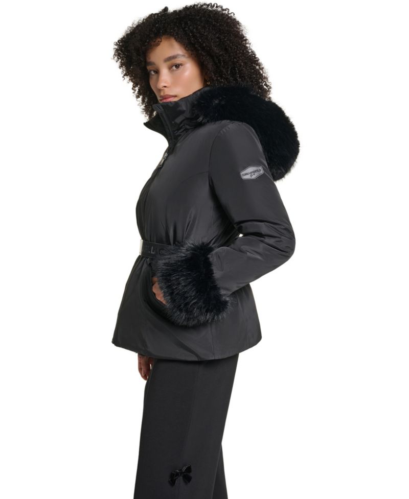 Women's Faux-Fur Trim Cuff and Hood Belted Puffer Jacket