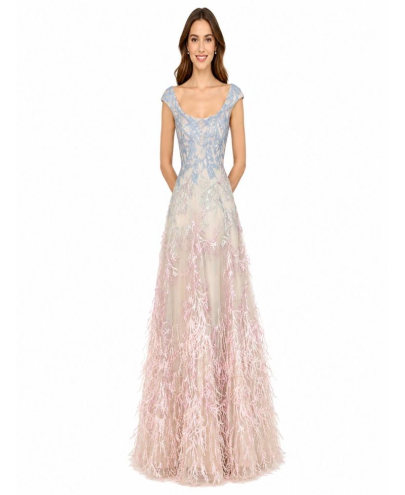 Women's Cap Sleeves Feather Detail Ballgown