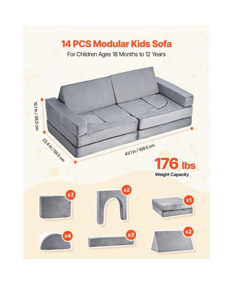 14-Piece Modular Kids Play Couch Sectional with Armrests