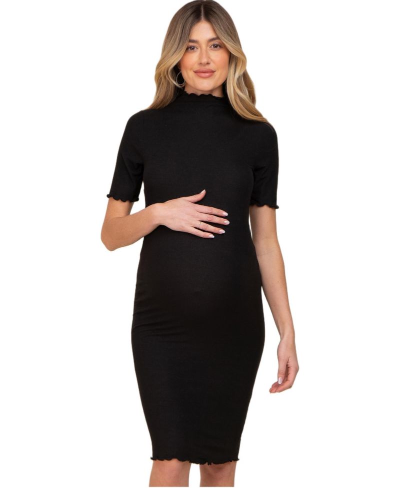 Women's Black Ribbed Mock Neck Fitted Midi Dress