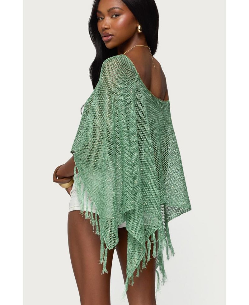 Women's Sequin Fringe Knit Poncho