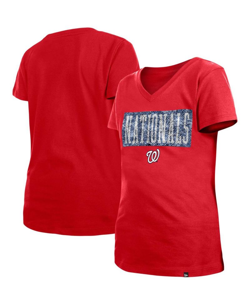 Big Girls Red Washington Nationals Flip Sequin Team V-Neck T-shirt