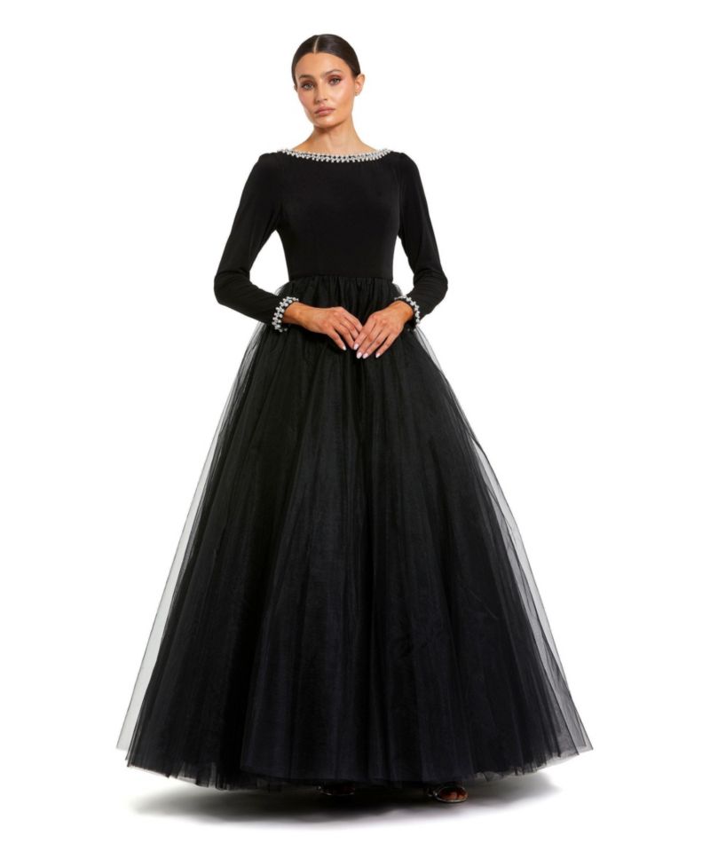Women's Embellished Jersey Long Sleeve Ballgown With Tulle Skirt