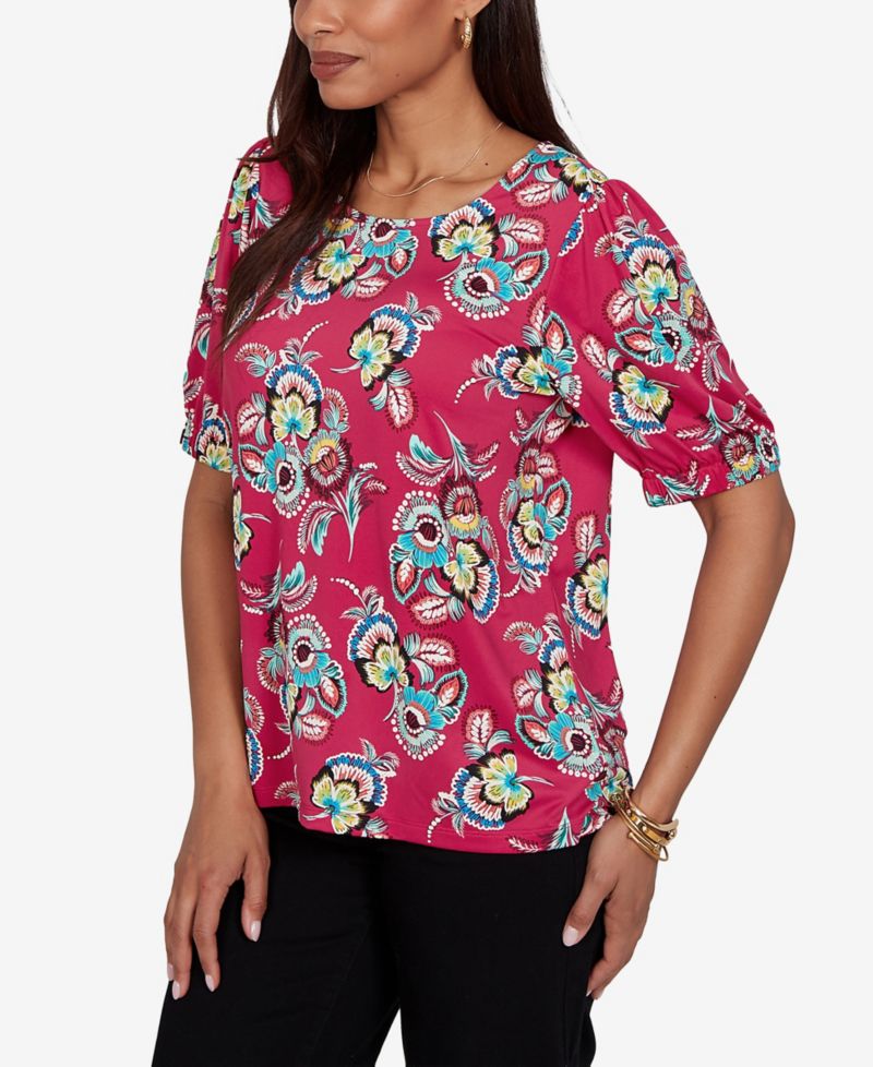 Petite Etched Floral Puff Print Blouse