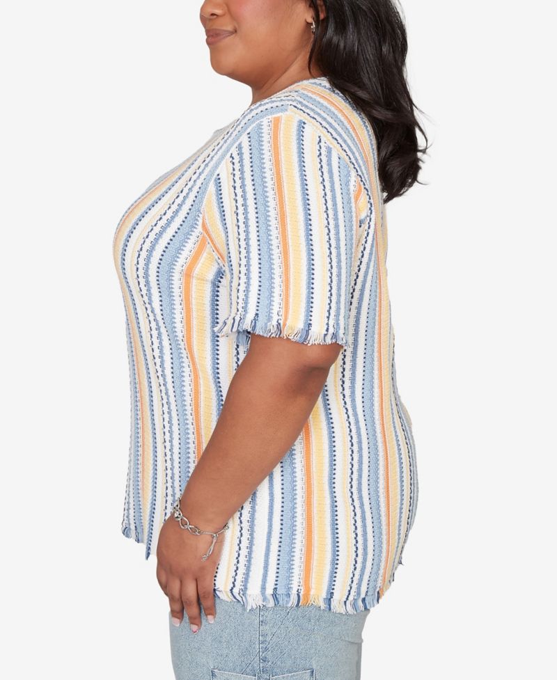 Plus Size Out of the Blue Textured Fringe Stripe T-Shirt