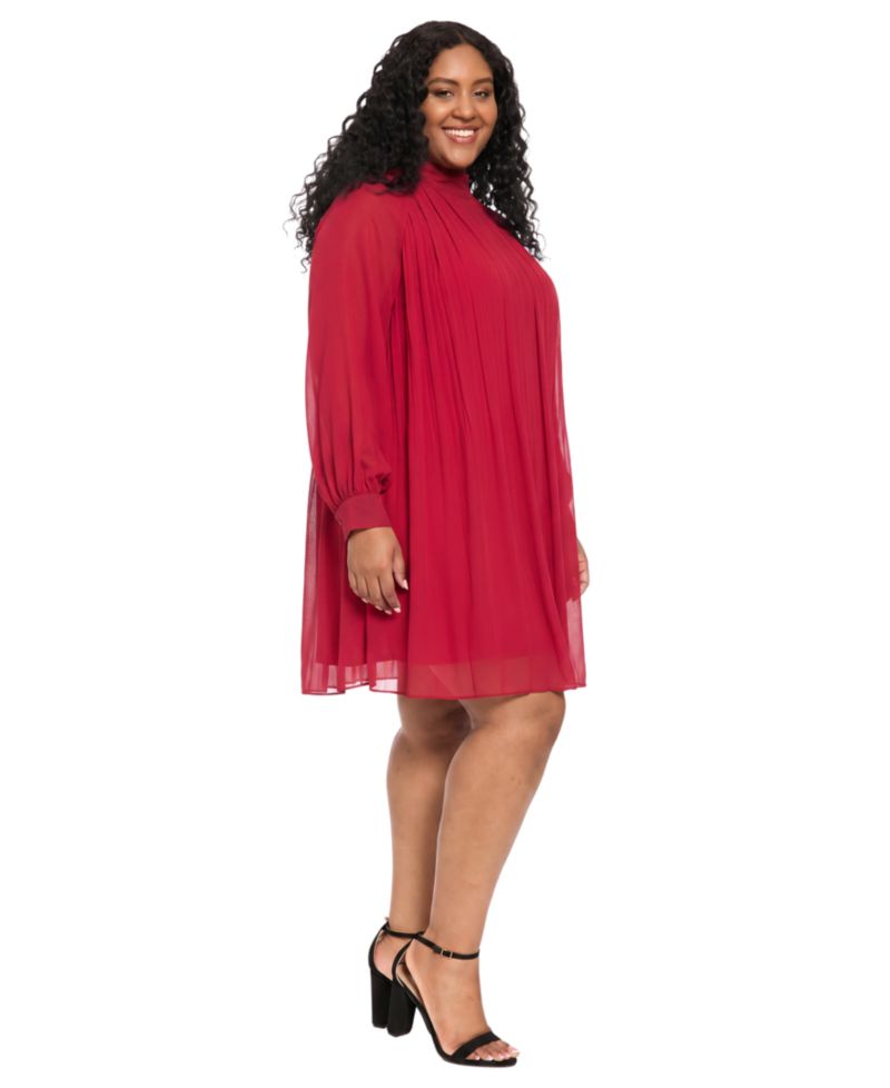 Plus Pleated Shift Long-Sleeve Mock-Neck Dress