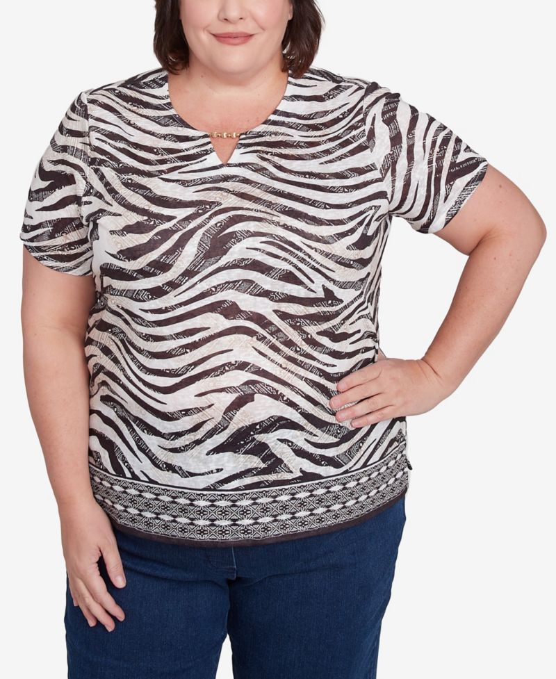 Plus Size Beaded Split Neck Animal Print Top