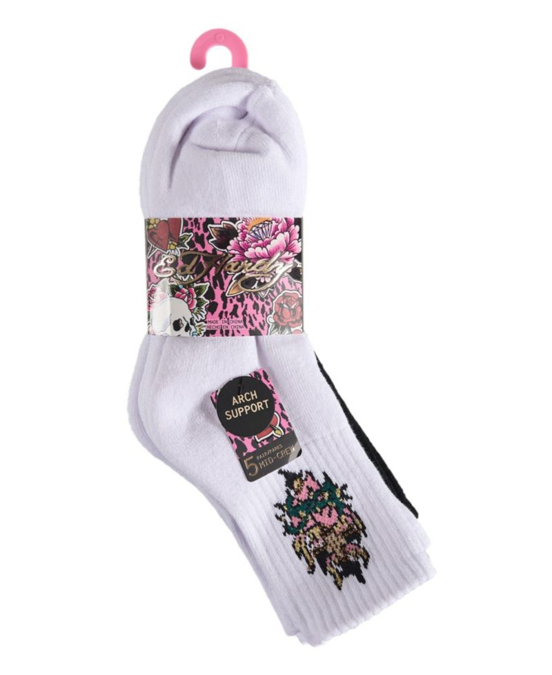 Women's Flowery Cross Print Arch Support Half-Cushion Crew Socks, 5-Pack