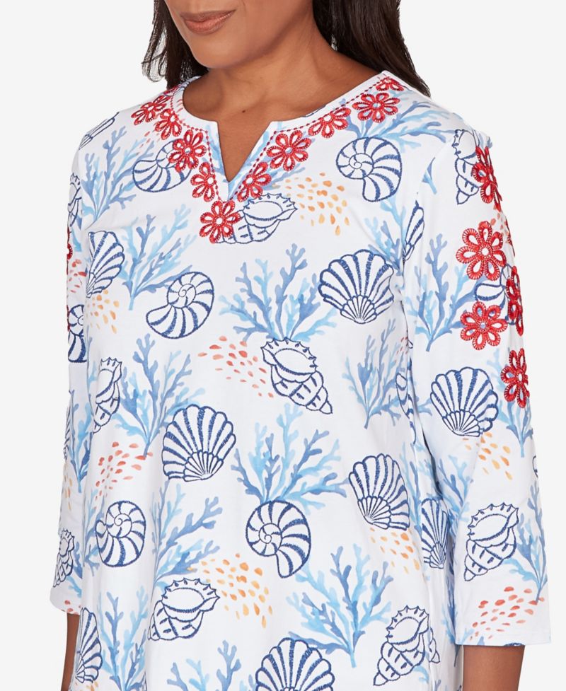 Petite Port Side Shell Print Embroidered Top