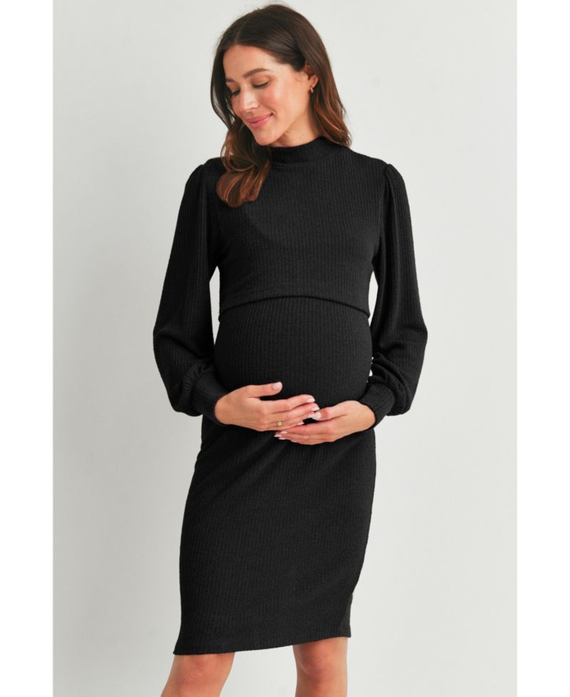 Women's Double Layer Mock Neck Ribbed Nursing Dress