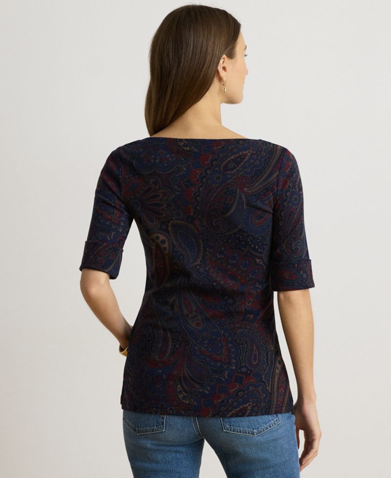 Petite Paisley Boat-Neck Stretch Cotton-Blend T-Shirt