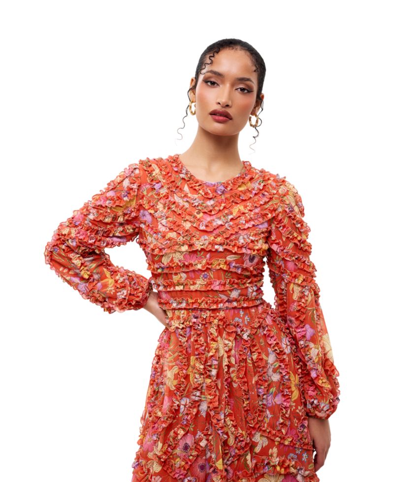 Women's Modest Ruffle Floral Net Dress