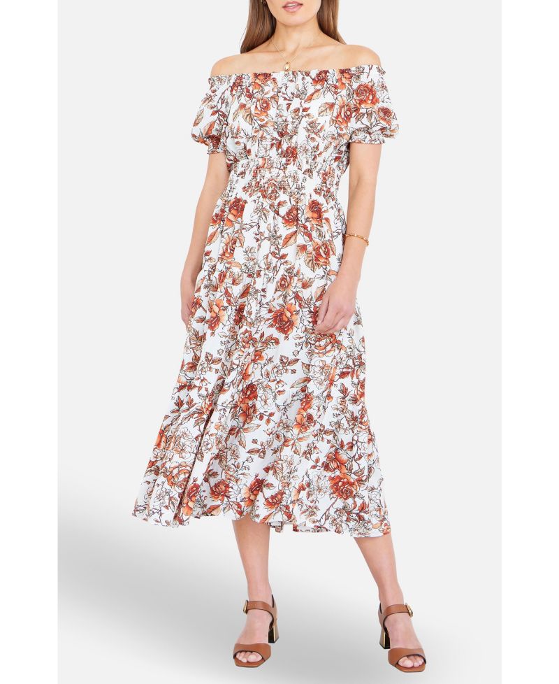 Women's Floral Ruched Waist Midi Dress
