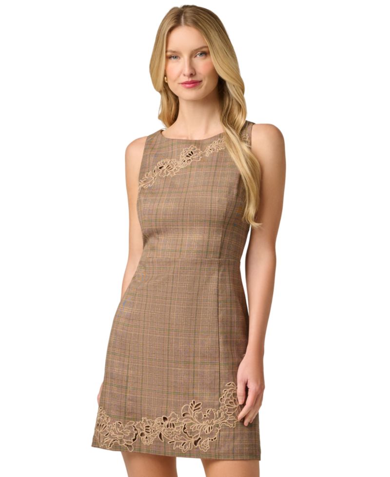 Women's Metallic Plaid Floral Embroidered Sleeveless Dress