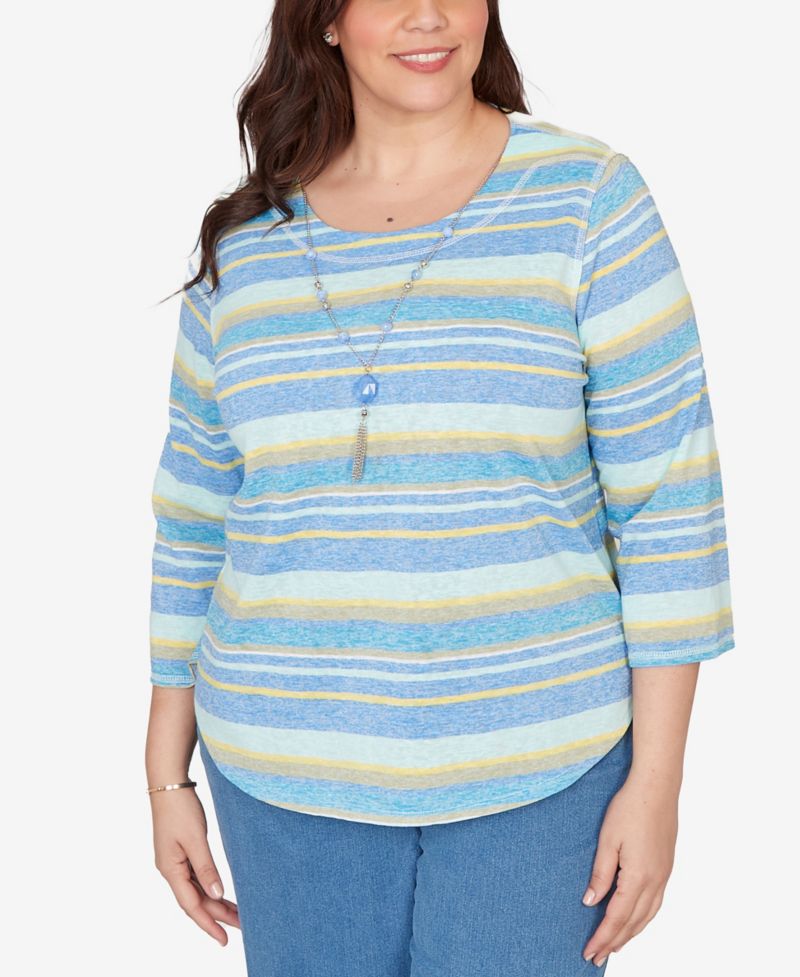 Plus Size Beachcomber Coastal Striped Top with Necklace