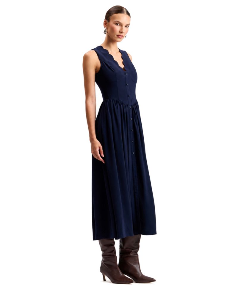 Women's Scallop-Neck Button-Front Stretch Crepe Maxi Dress