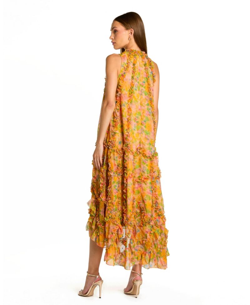 Women's Floral Applique Tiered Ruffle High-Low Midi Dress
