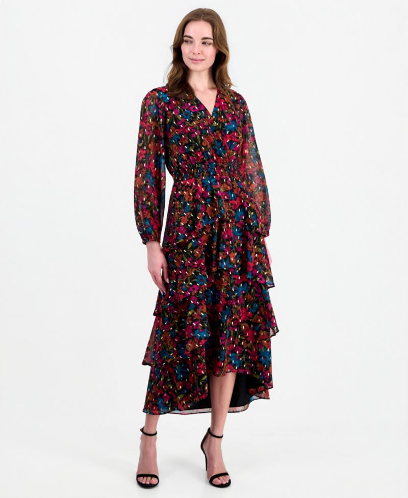 Women's Long-Sleeve V-Neck Asymmetrical Dress