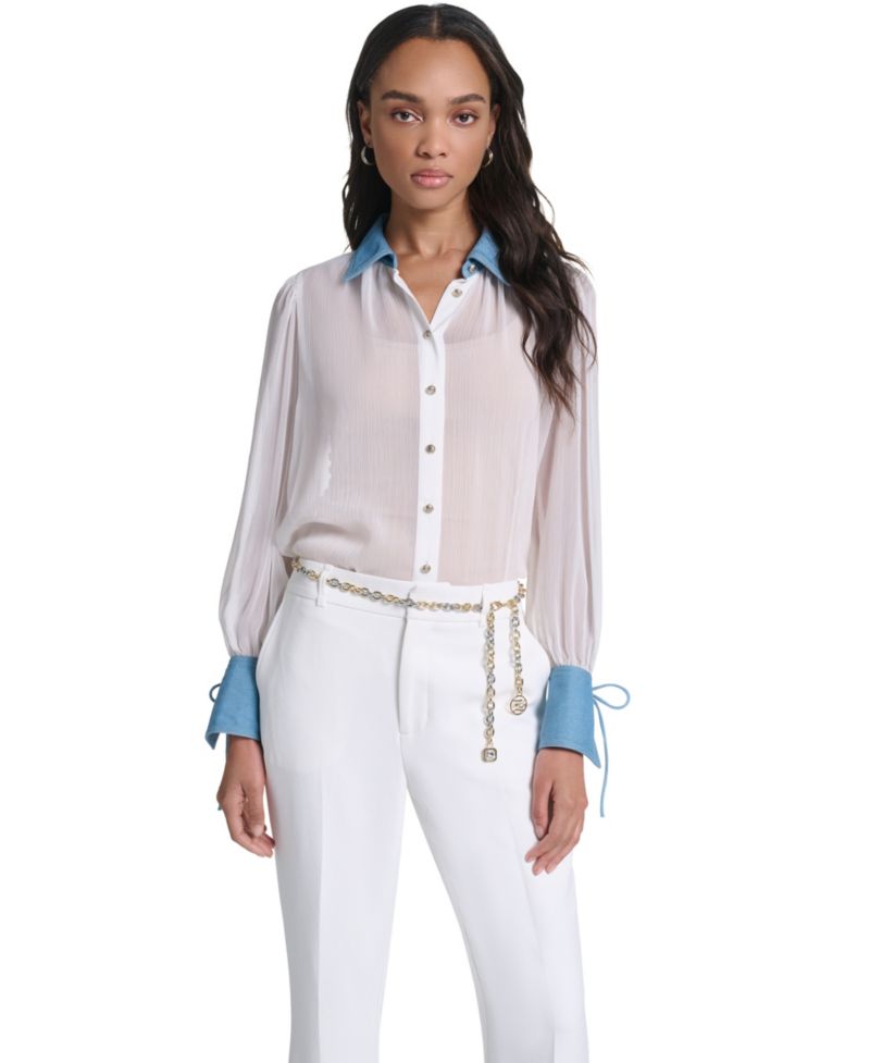 Petite Denim Collar and Cuff Crinkle Chiffon Button-Up Top