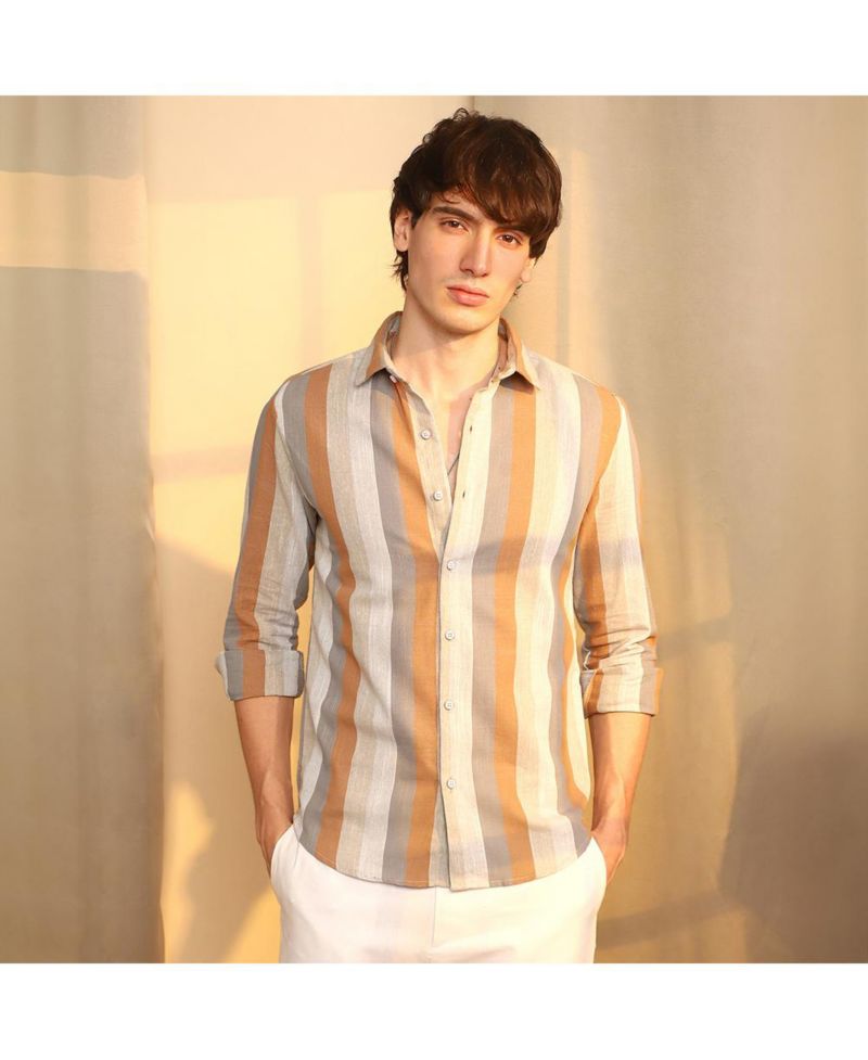 Men's Copper Brown & Peanut Brown Block-Striped Shirt
