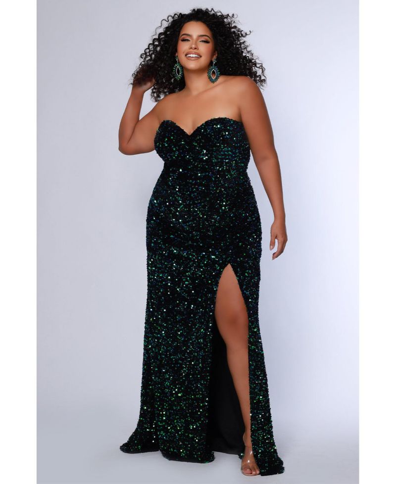 Women's Strapless Peacock Sequin Velvet Fitted Formal Dress with Slit