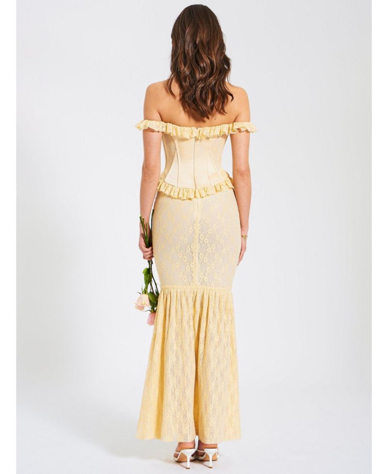 Women's Ersilia Pale Yellow Satin Lace Peplum Corset Off Shoulder Maxi Dress