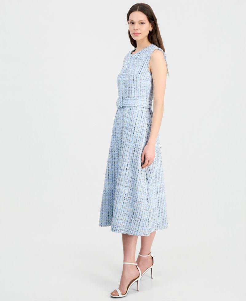 Women's Tweed Belted Sleeveless Midi Dress