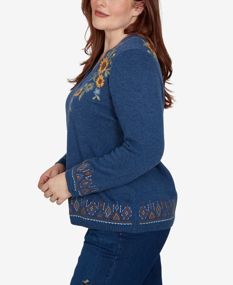 Petite V-Neck Long-Sleeve Floral Embroidery Cotton-Blend Cardigan