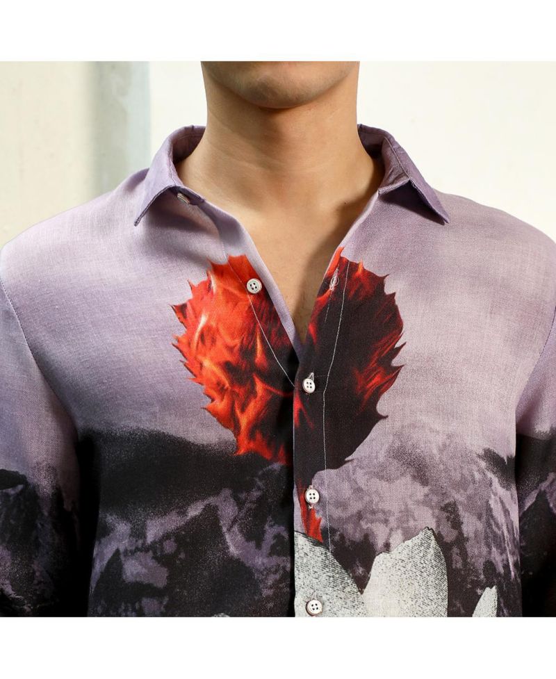 Men's Purple Floral Printed Shirt With Spread Collar