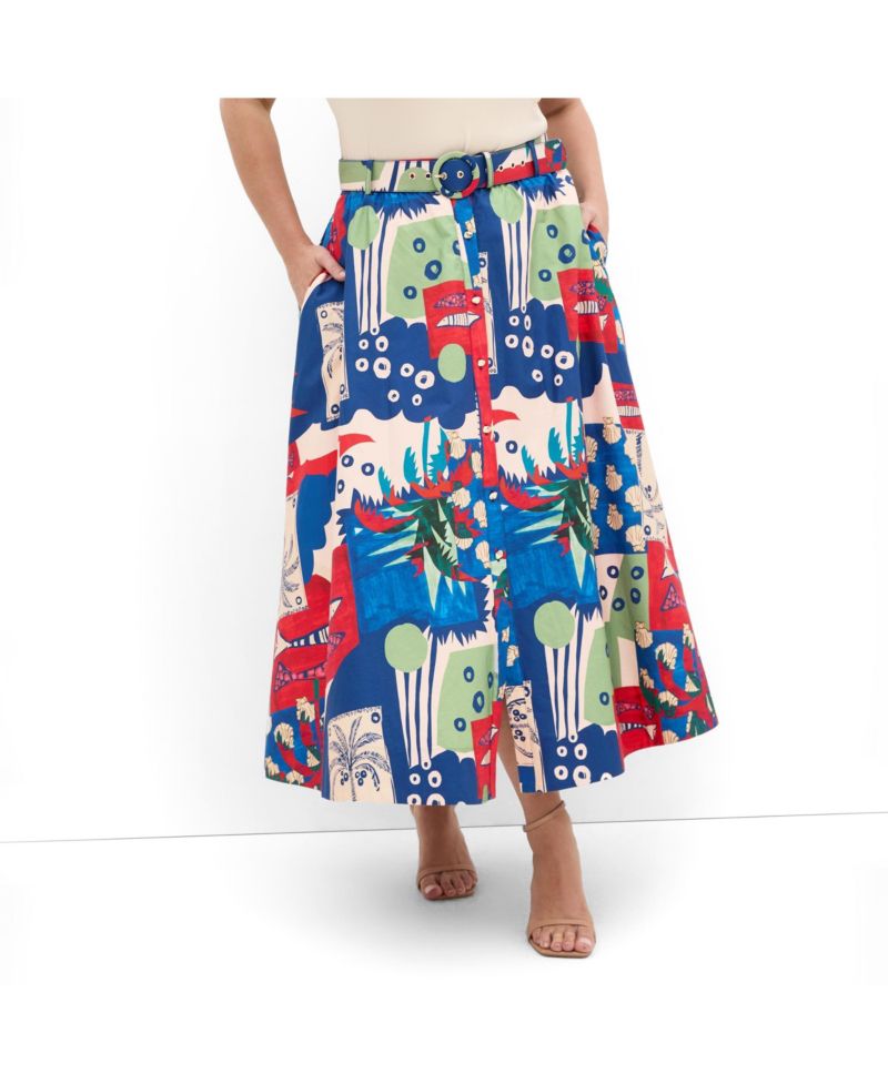 Women's Plus Size Elysia Marine Print Belted Cotton Skirt