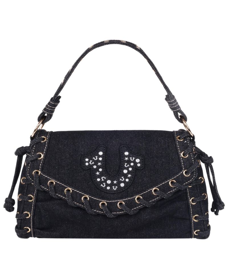 Studded Horseshoe Eyelet Denim Flap Bag