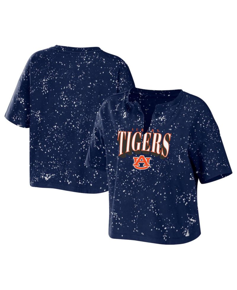 Women's Navy Auburn Tigers Bleach Wash Splatter Cropped Notch Neck T-shirt
