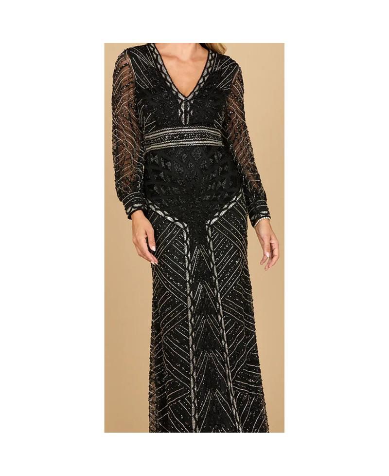 Women's V Neck Beaded Long Sleeve Dress