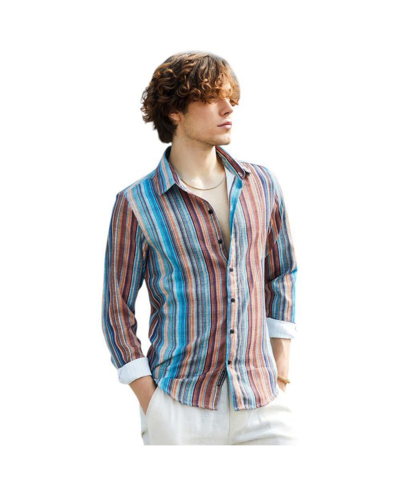 Men's Azure Blue & Chocolate Brown Multitrack-Striped Shirt