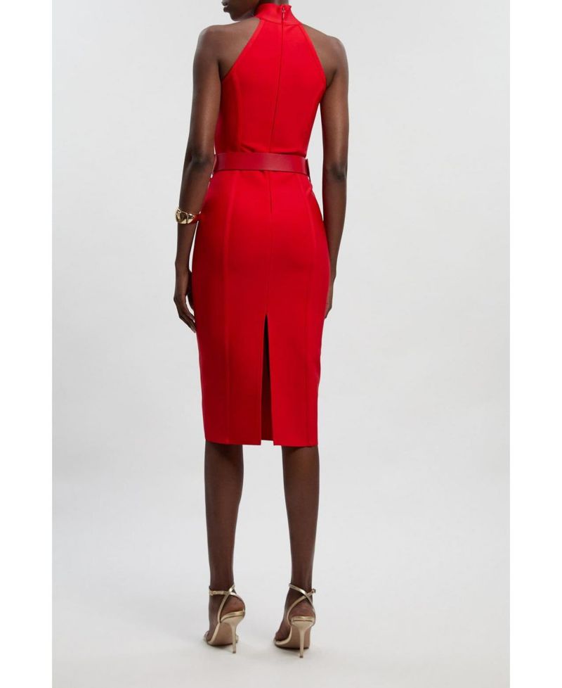 Women's Bandage High Neck Buckle Trim Midi Dress