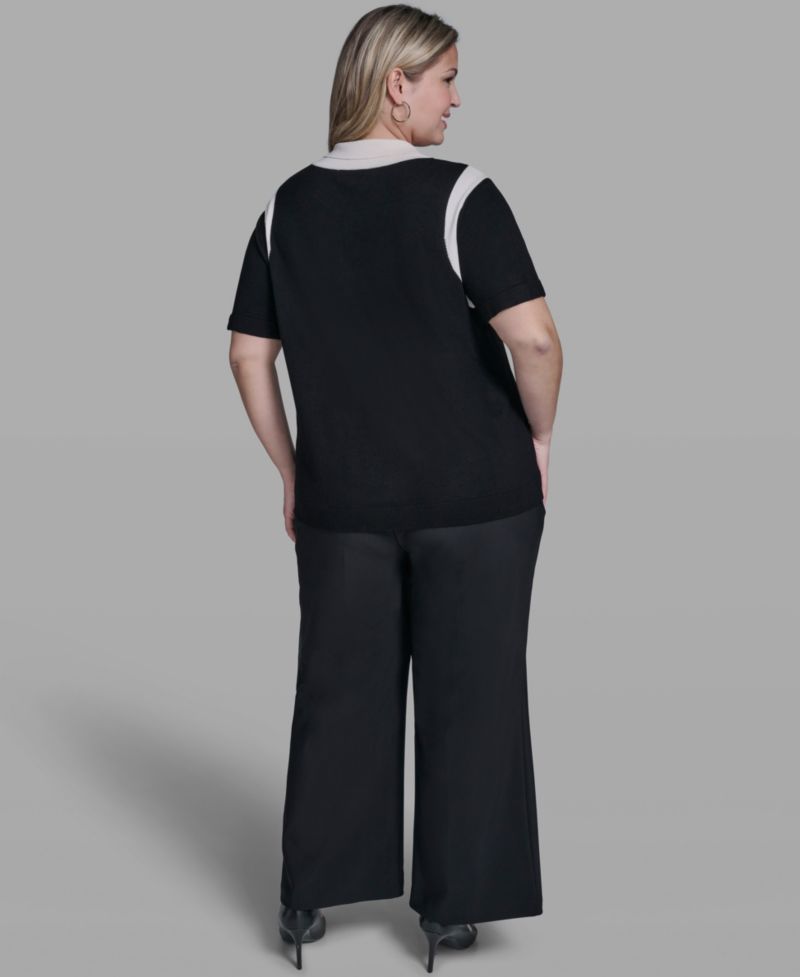 Plus Size Solid Short-Sleeve Polo Sweater