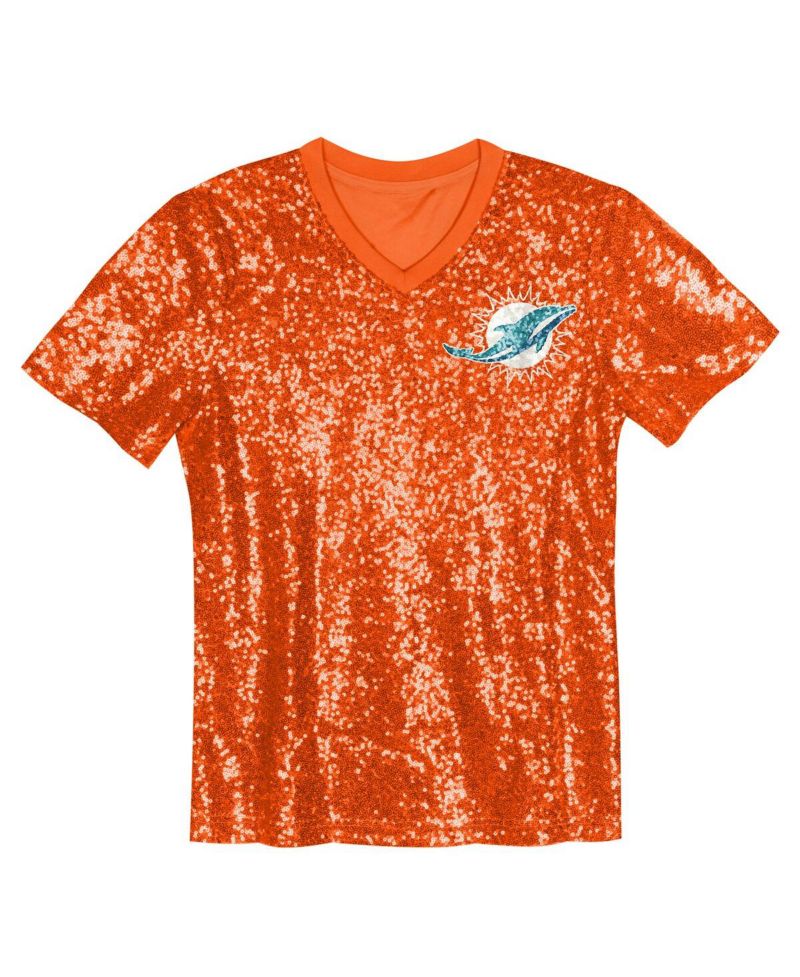 Big Girls Orange Miami Dolphins Wordmark Sequin V-Neck Top