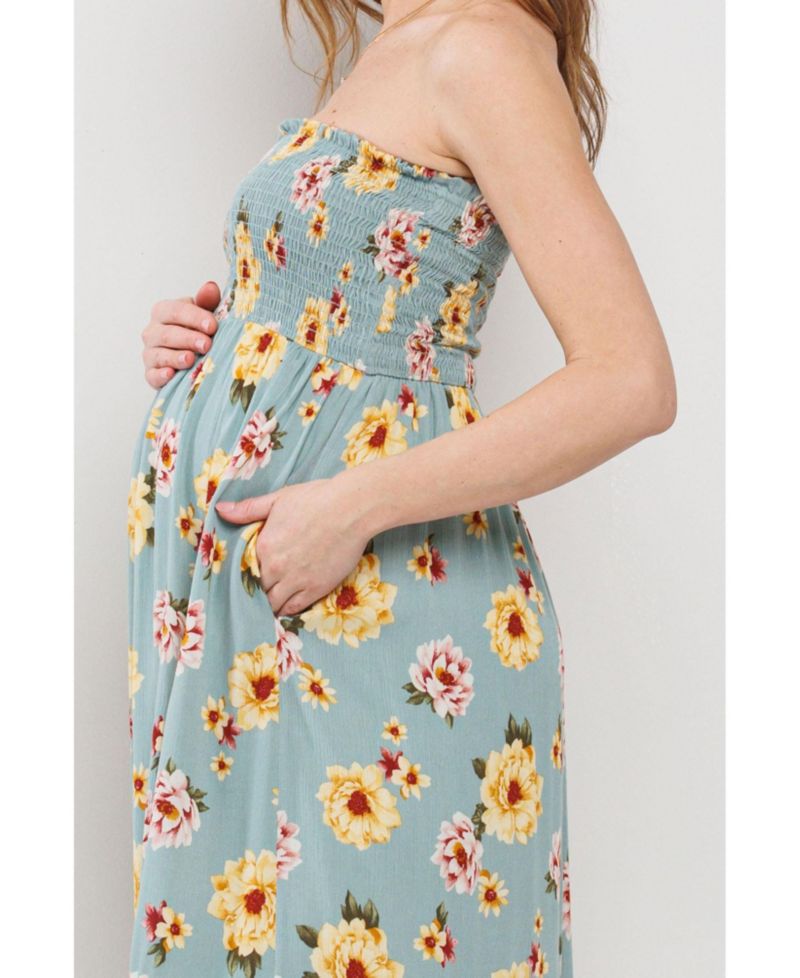 Maternity Floral Smocked Strapless Midi Dress