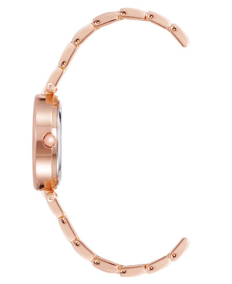 Women's Rose Gold-Tone Alloy Bracelet with Burgundy Enamel and Crystal Accents Fashion Watch 34mm Set 4 Pieces