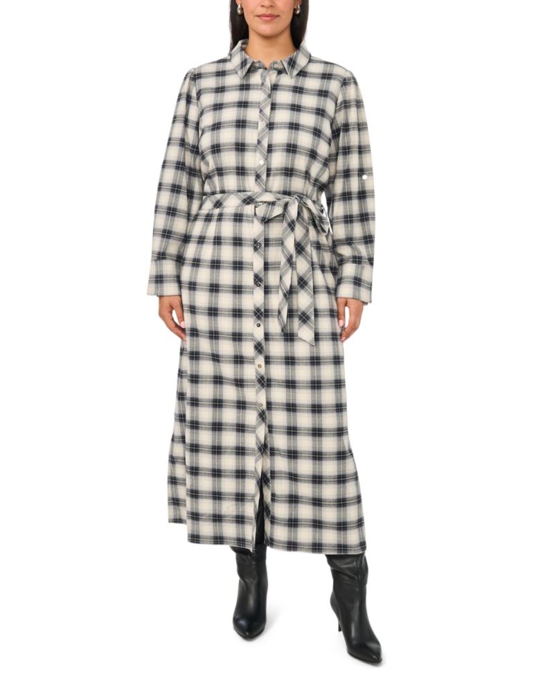 Plus Size Plaid Midi Loose-Fit Shirt Dress