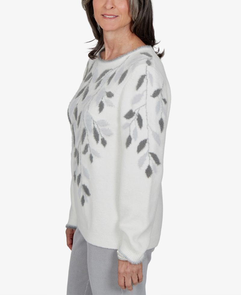Petite Floral-Print Crewneck Long-Sleeve Sweater