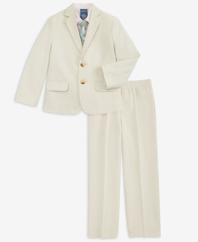 Boys' 2T-7 Peach Linen Notch Collar Suit Jacket, Pants, Long-Sleeve Stripe Shirt & Plaid Necktie, 4-Piece Set