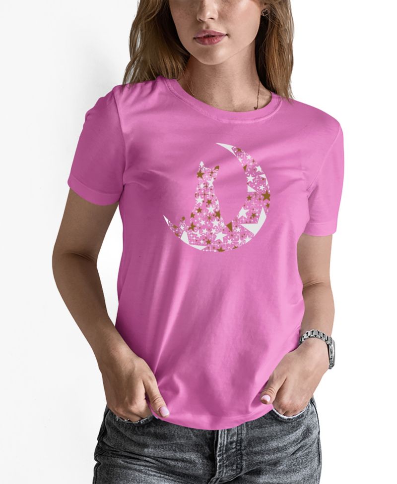 Women's Cat Sitting On Moon Word Art Long-Sleeve T-Shirt