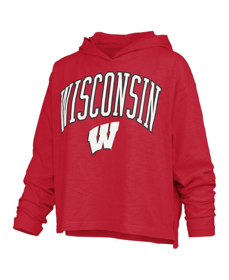 Women's Red Wisconsin Badgers Nelson Arch Over Logo Long Sleeve Hooded Slub T-Shirt