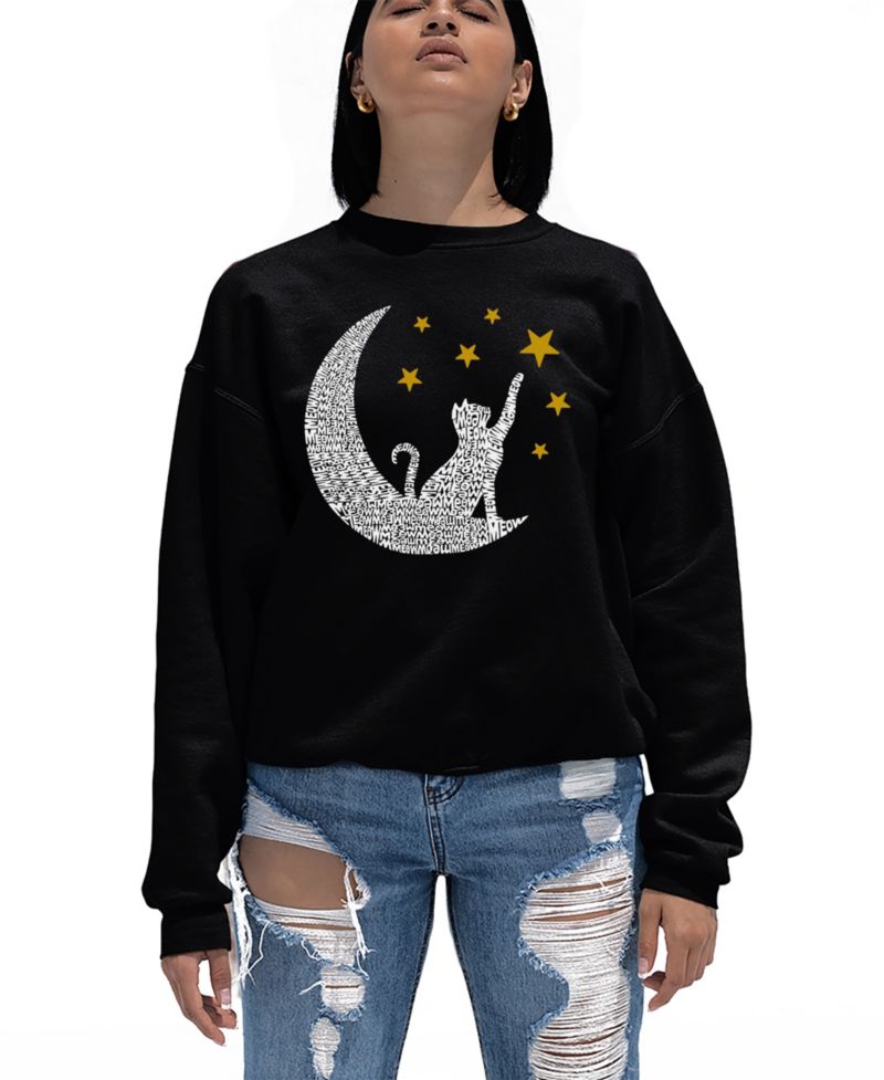Women's Word Art Cat Moon Crewneck Sweatshirt