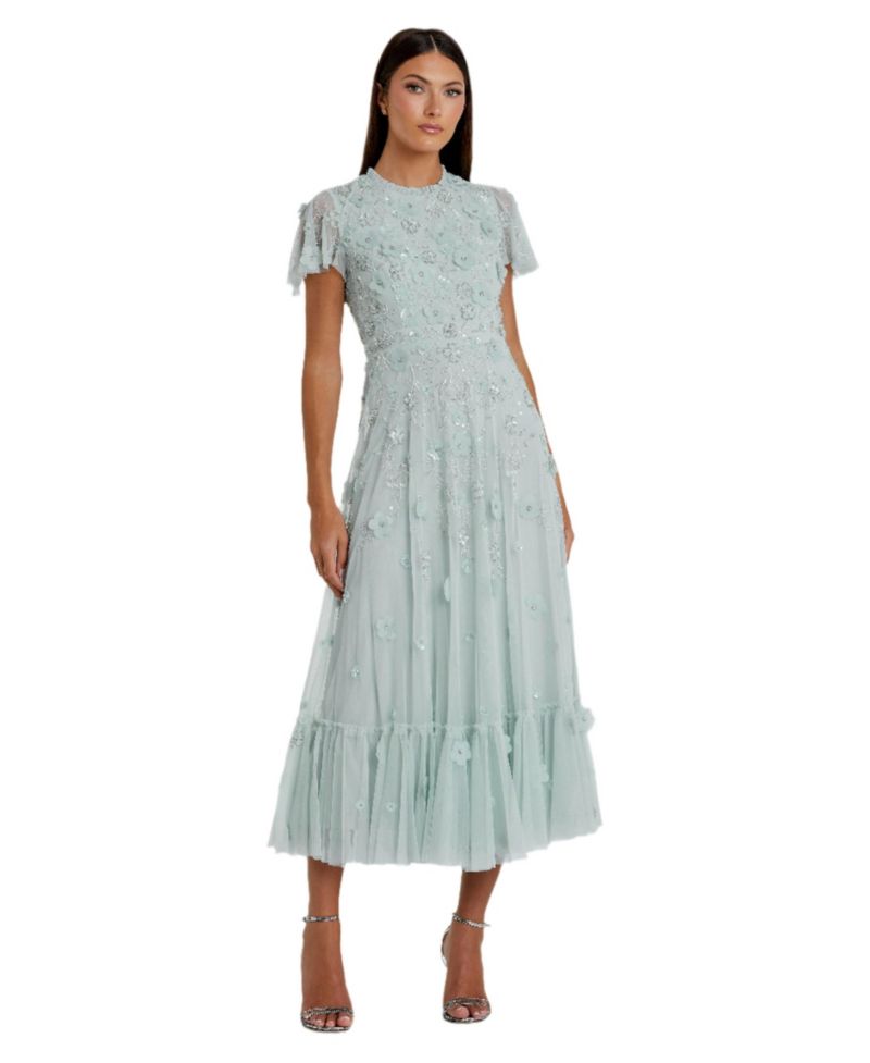 Women's Embellished High Neck Cap Sleeve A Line Dress